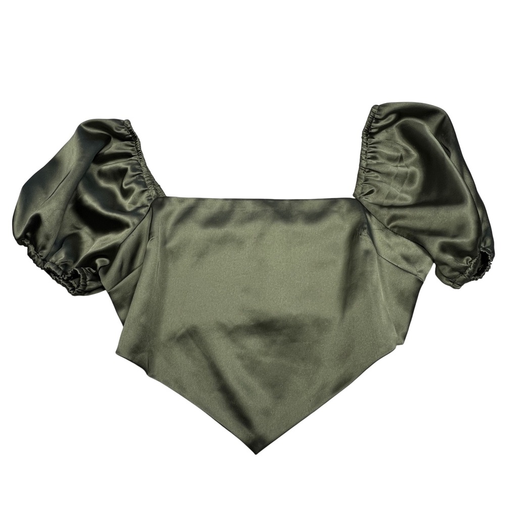 Forever 21 Crop Top Women Small Olive Green Satin Puff Sleeve Handkerchief Hem - Picture 2 of 8